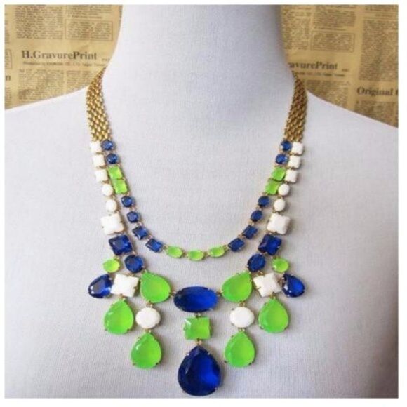 Royal Blue Crystal Rhinestone Statement Gold Collar Necklace - Picture 3 of 12